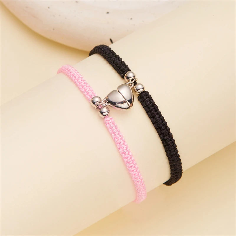 Matching Promise Bracelets – Adjustable Cord with Heart & Magnetic Charms