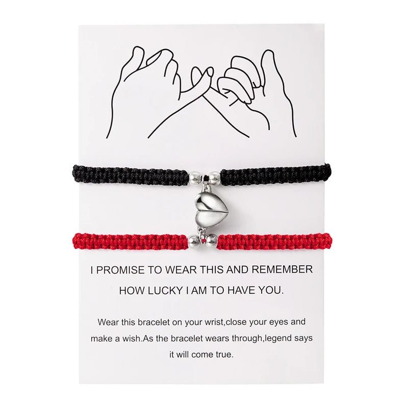 Matching Promise Bracelets – Adjustable Cord with Heart & Magnetic Charms