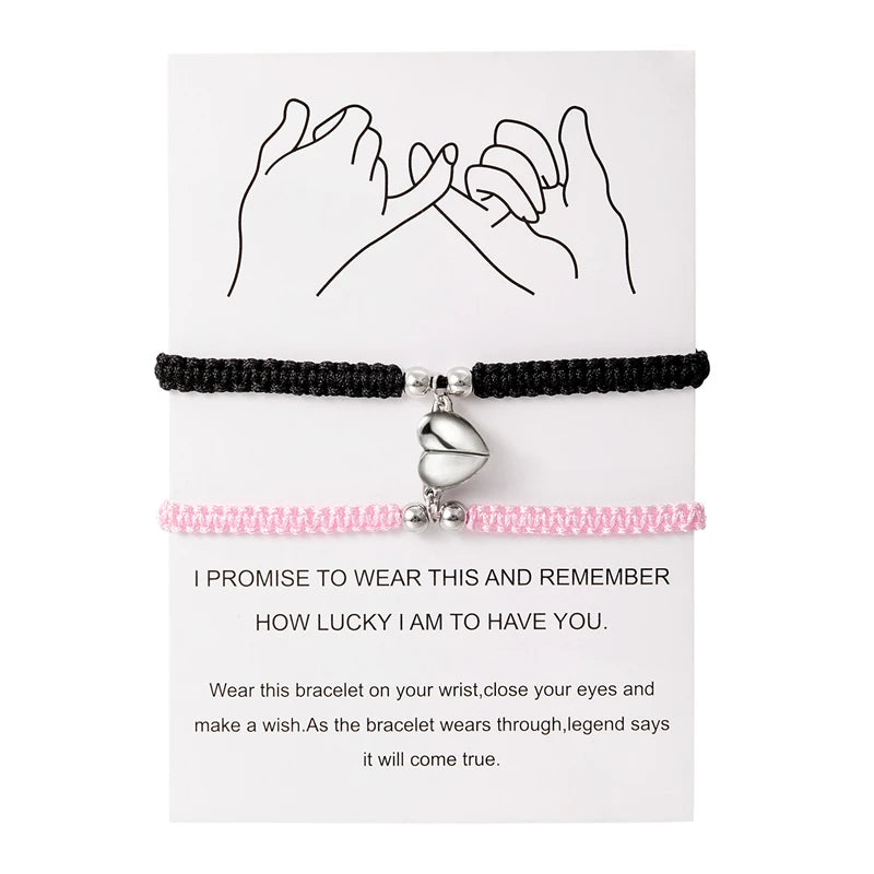 Matching Promise Bracelets – Adjustable Cord with Heart & Magnetic Charms