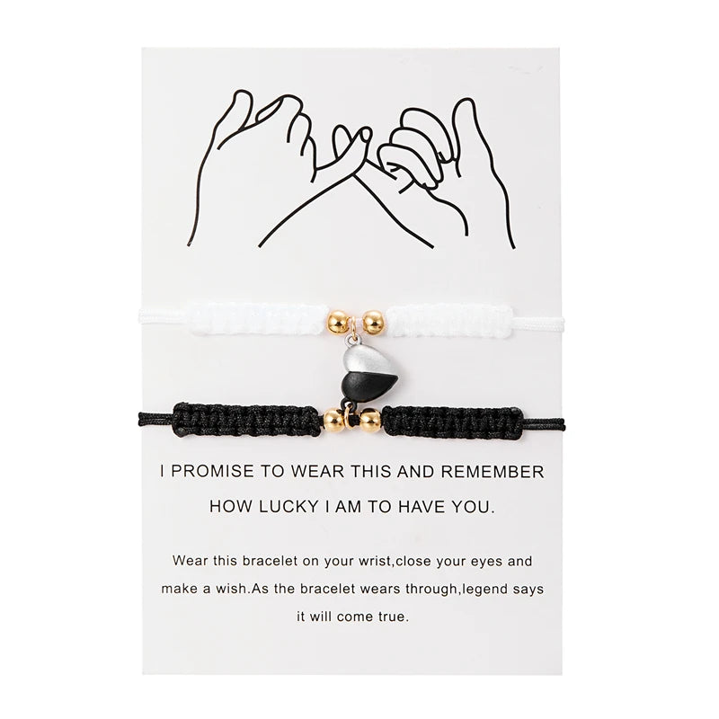 Matching Promise Bracelets – Adjustable Cord with Heart & Magnetic Charms