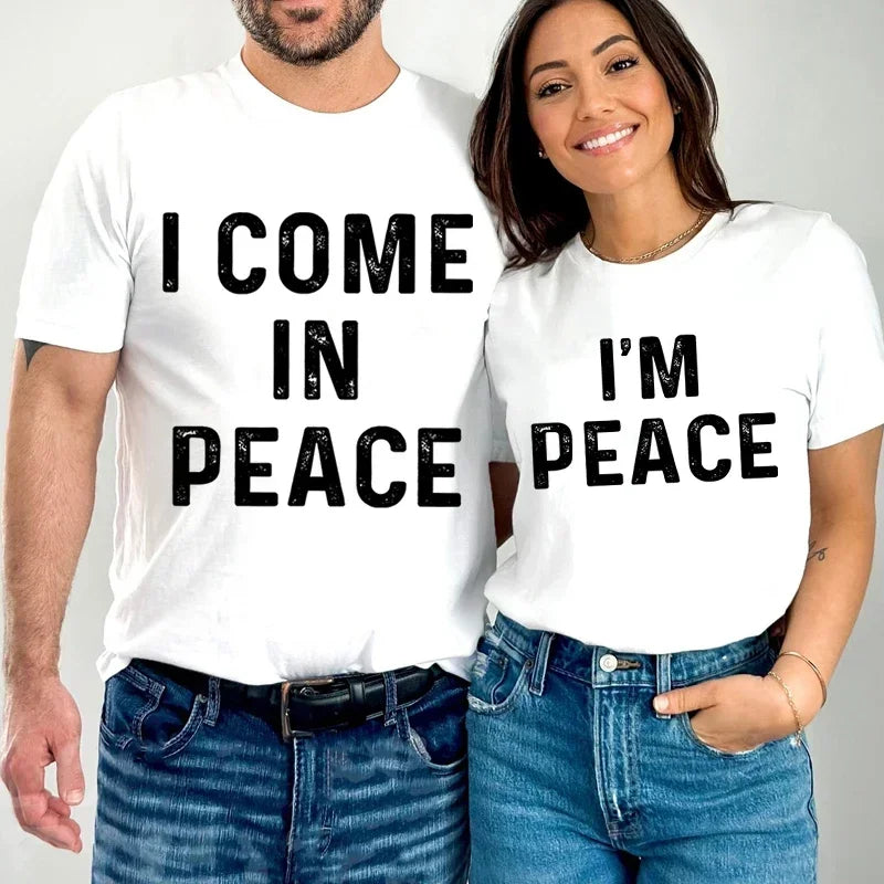 Funny Matching Couple Shirts – “I Come in Peace” & “I’m Peace” Tees