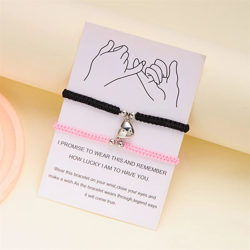 Matching Promise Bracelets – Adjustable Cord with Heart & Magnetic Charms