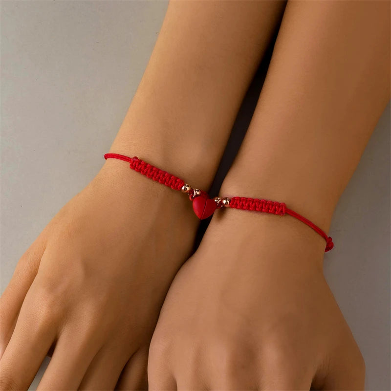 Matching Promise Bracelets – Adjustable Cord with Heart & Magnetic Charms