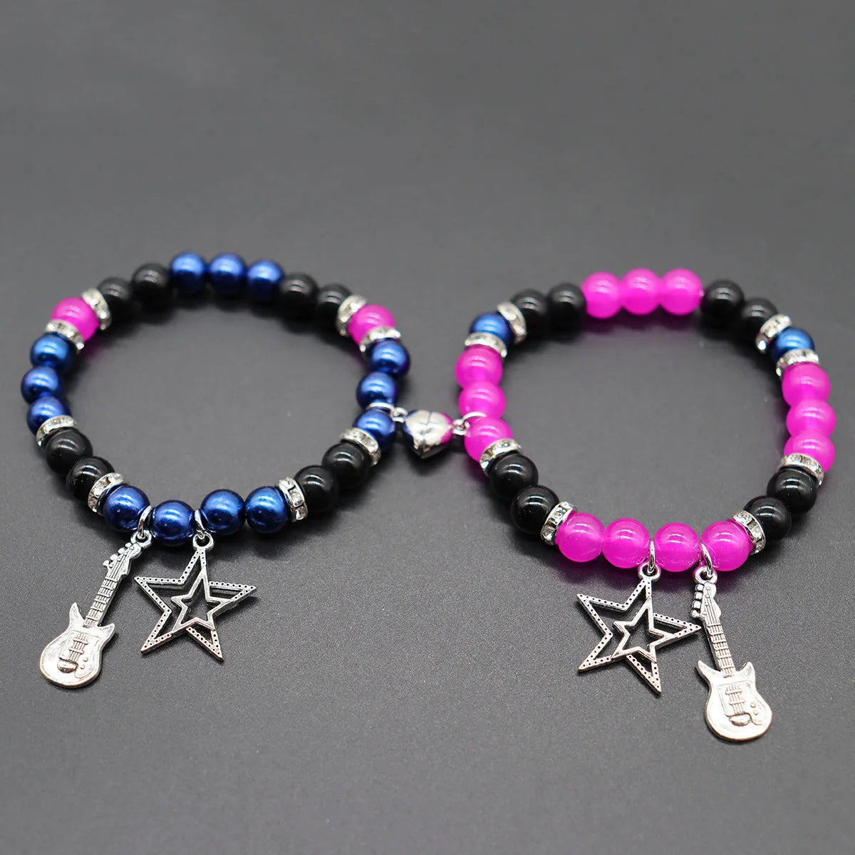 Matching Beaded Couple Bracelets – Yin Yang Style with Charms