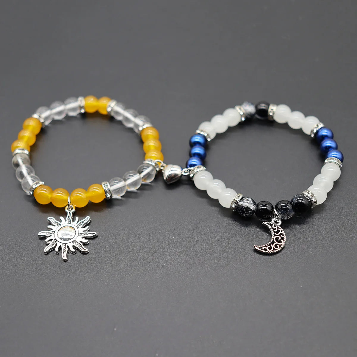 Matching Beaded Couple Bracelets – Yin Yang Style with Charms